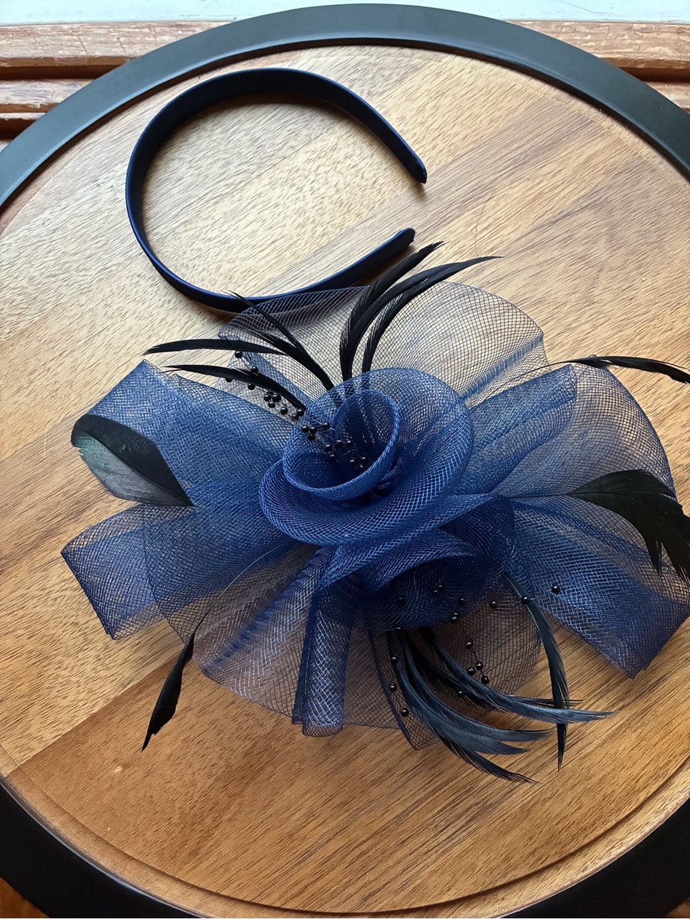 Navy Blue Mesh & Feather Fascinator with Headband & Clip